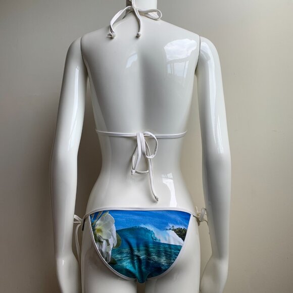 Aaron Chang blue reversible plumeria bikini triangle top tie side - Picture 6 of 12